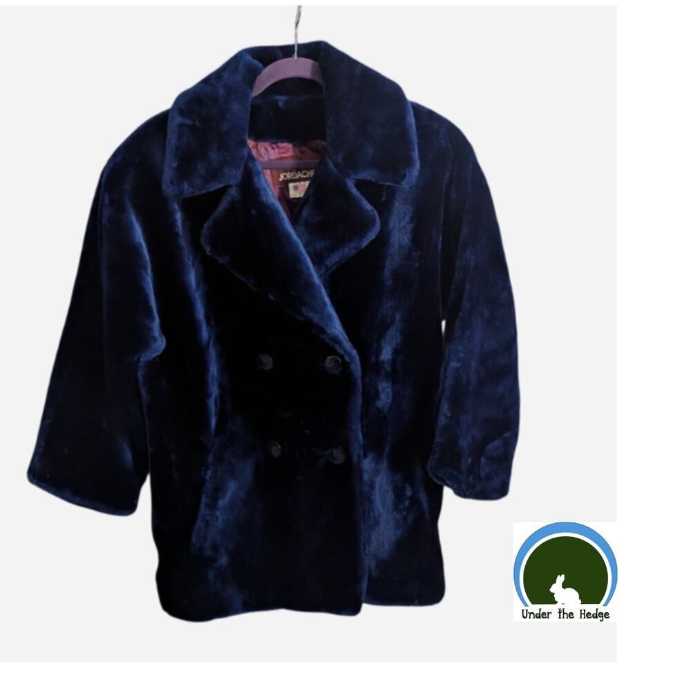 80s Jordache Midnight Blue Faux Fur Peacoat Lined Coat Size 7/8 Vegan Glam Retro